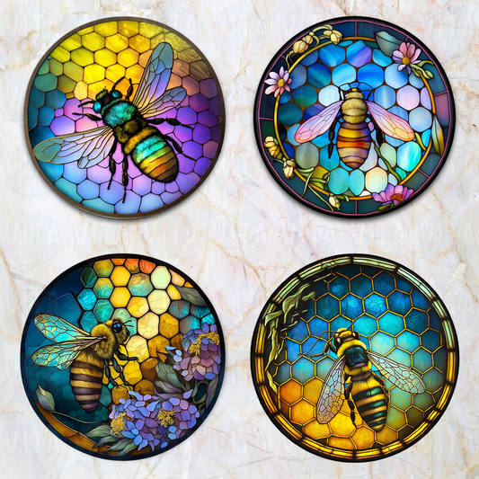 Faux Stained Glass Bees - Ceramic Coaster Set