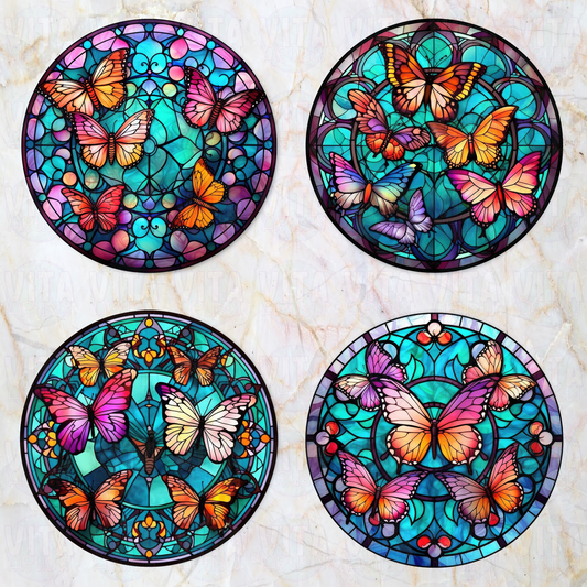 Faux Stained Glass Butterfly - Ceramic Coaster Set
