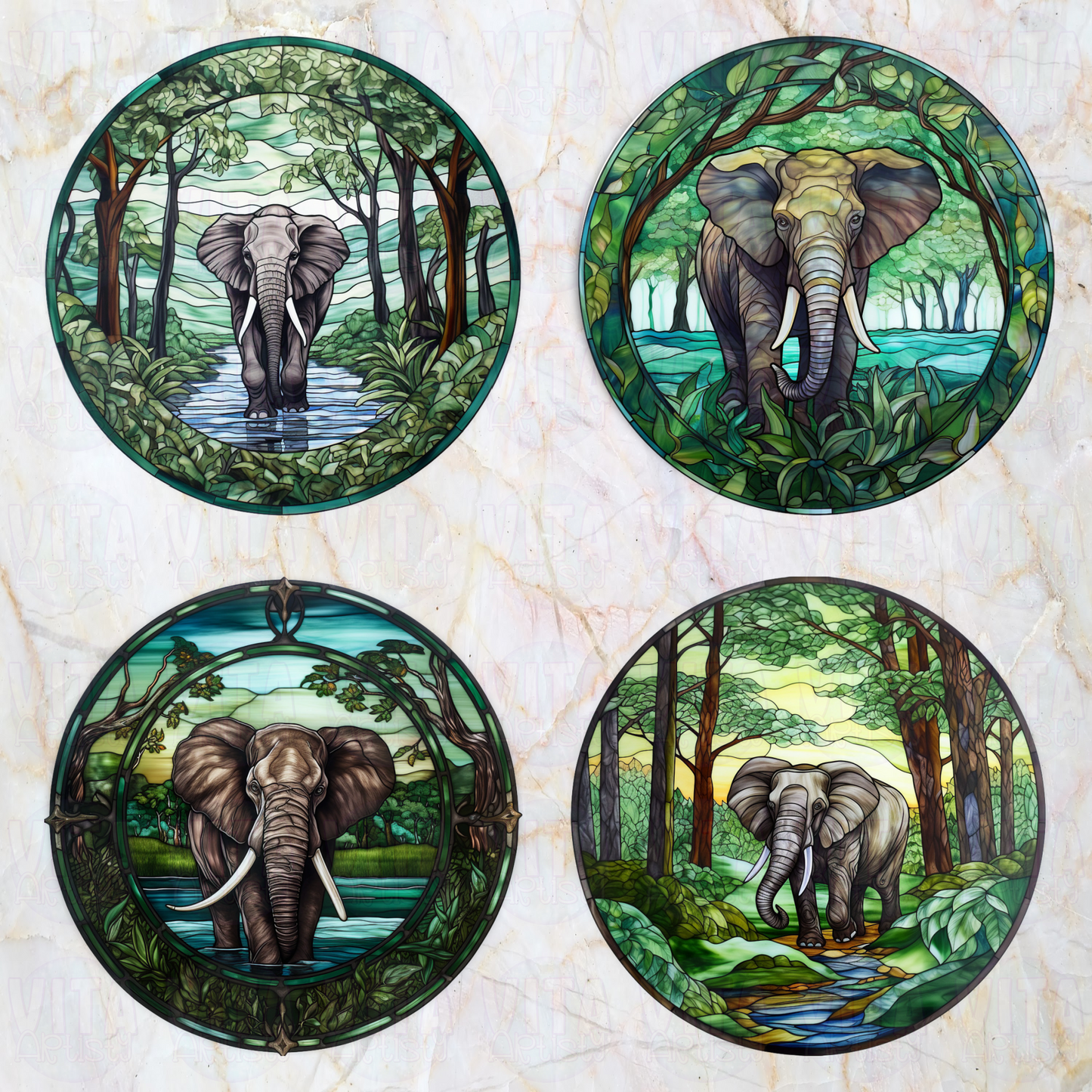 Faux Stained Glass Elephant - Ceramic Coaster Set