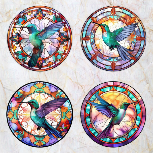 Faux Stained Glass Hummingbirds - Ceramic Coaster Set