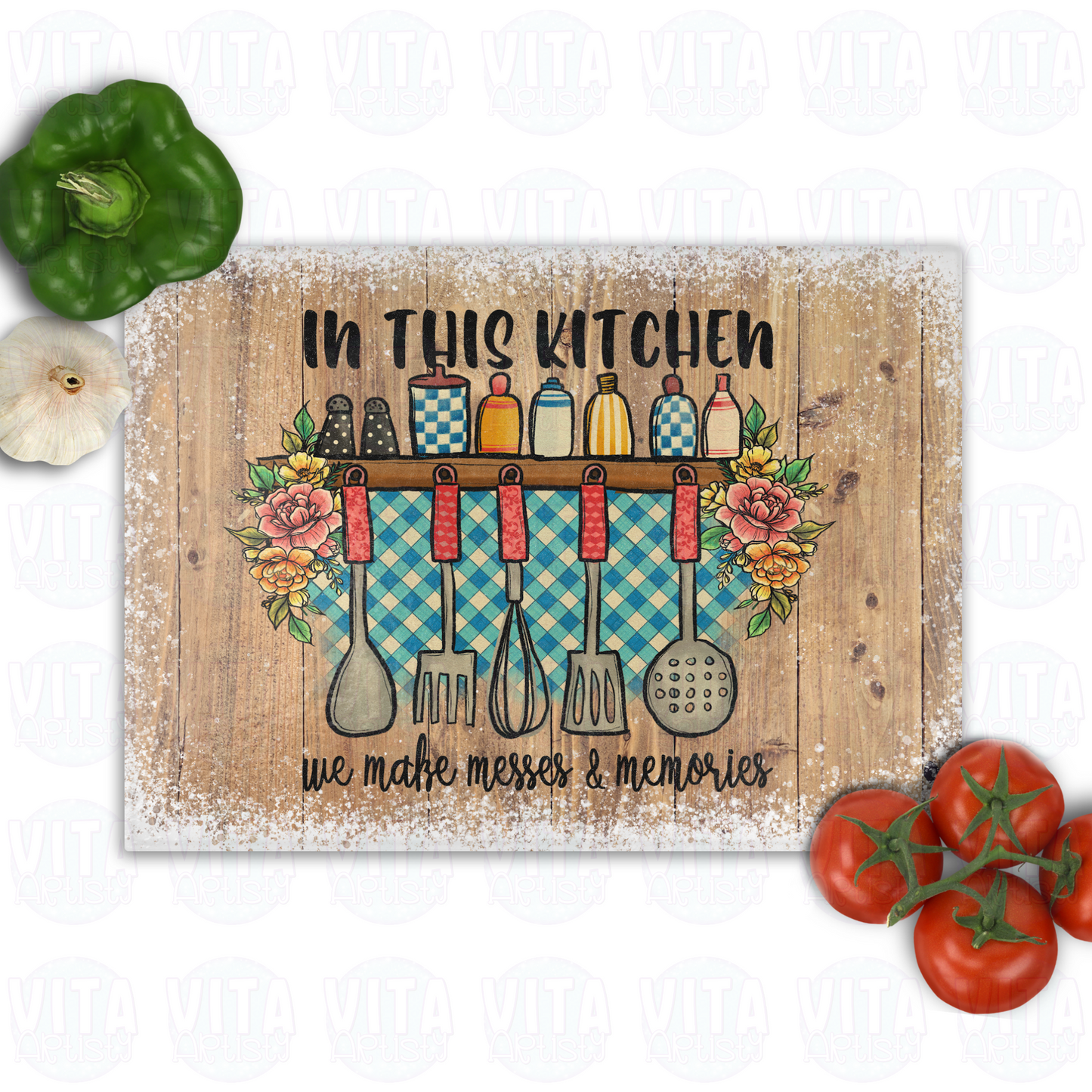 In this Kitchen We Make Messes and Memories - Vintage Style Glass Cutting Board