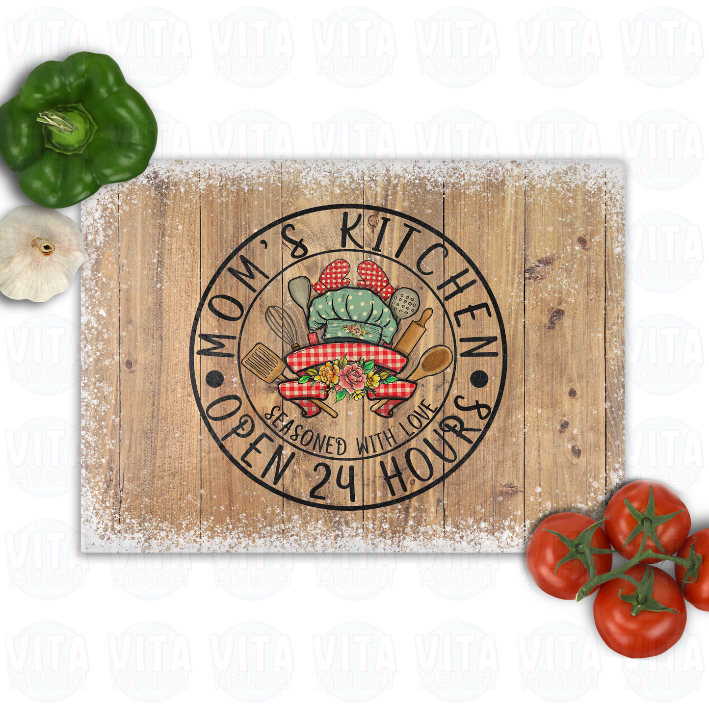 Mom's Kitchen Open 24 Hours - Vintage Style Glass Cutting Board