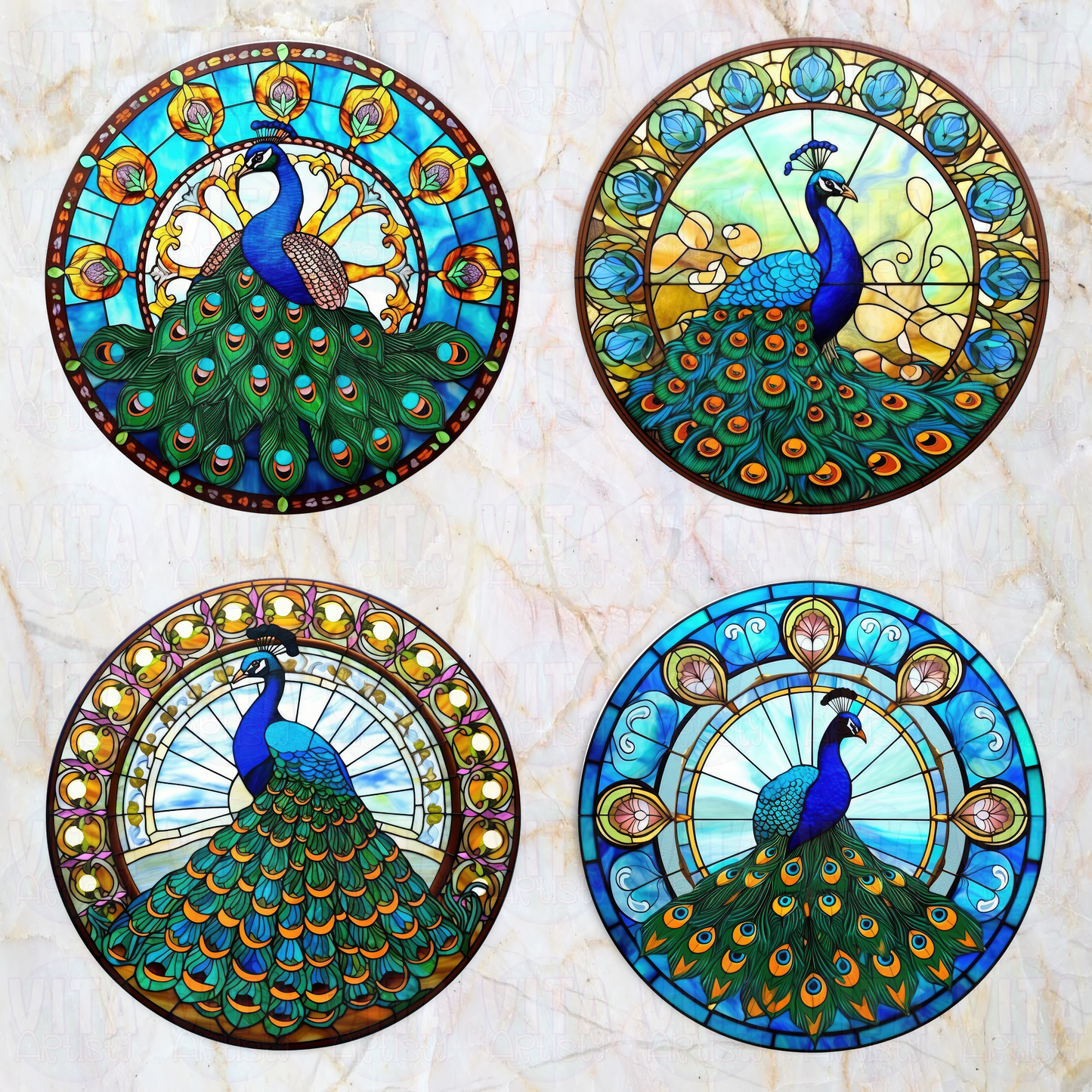 Faux Stained Glass Peacocks - Ceramic Coaster Set